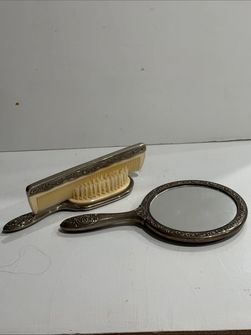 Silver Plated Vanity Dresser Set Hand Mirror, Cream Brush & Comb